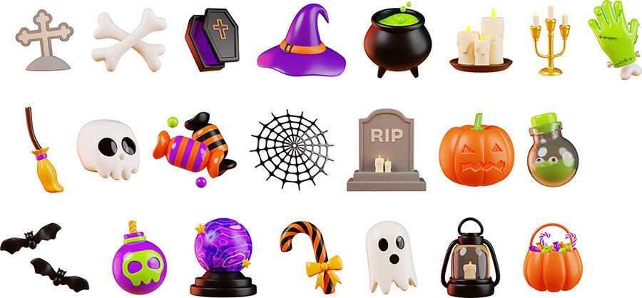 Various Halloween 3D icons created in Blender, perfect for UI, games, AR or VR, apps, branding or marketing materials