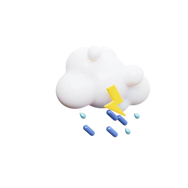 Cloud raining lightening 3D icon, view 3